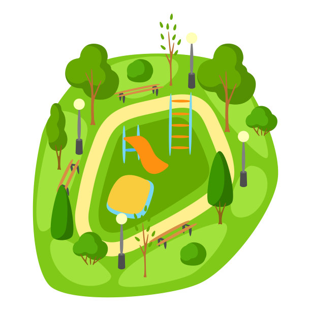 说明美丽的夏季或春季城市公园。城市公共空间，有操场和可供步行的树木。图片下载