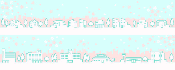 樱花盛开的春天城镇景观插图(线描)图片下载