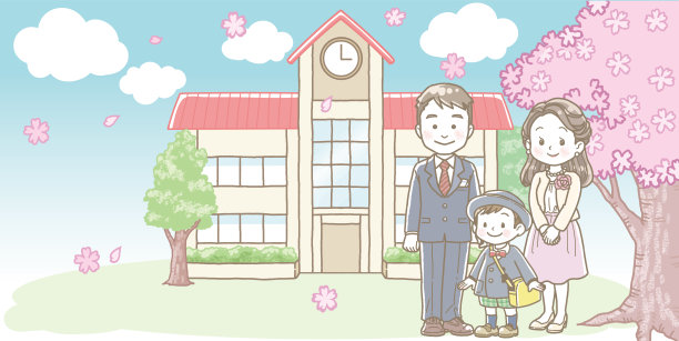 幼儿园入学典礼插图，男孩和家长图片下载