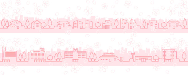 樱花盛开的春天城镇景观插图(线描)图片下载