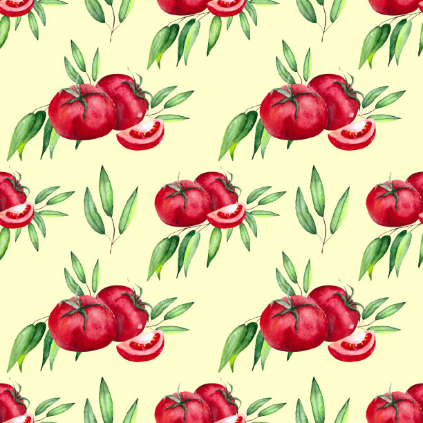 美味多汁的西红柿和绿色的桉树叶。无缝图案，适用于纺织品、壁纸和厨房用具的装饰和设计。图片下载