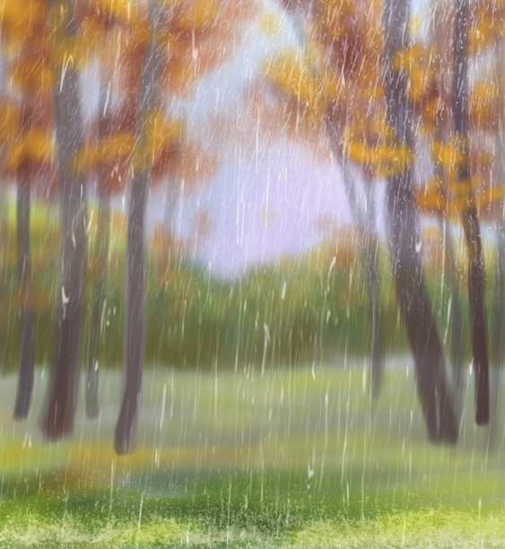 秋天的景观在公园的雨中与树木。数码插图图片下载