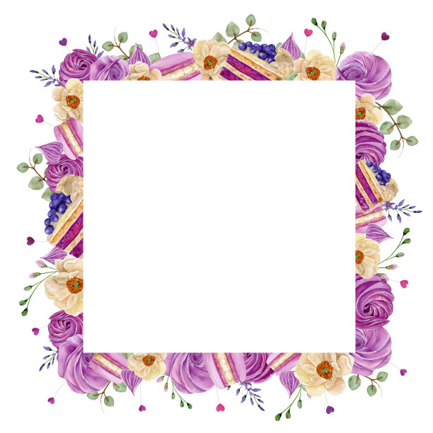 水彩面包坊花环标志与纸杯蛋糕，马卡龙和花。粉红色的水彩烘烤插图。孤立的元素在白色背景。图片下载