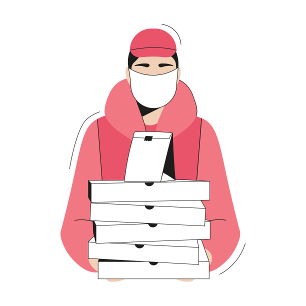 披萨外卖服务。拿着披萨盒的快递员。平的卡通风格。图片下载