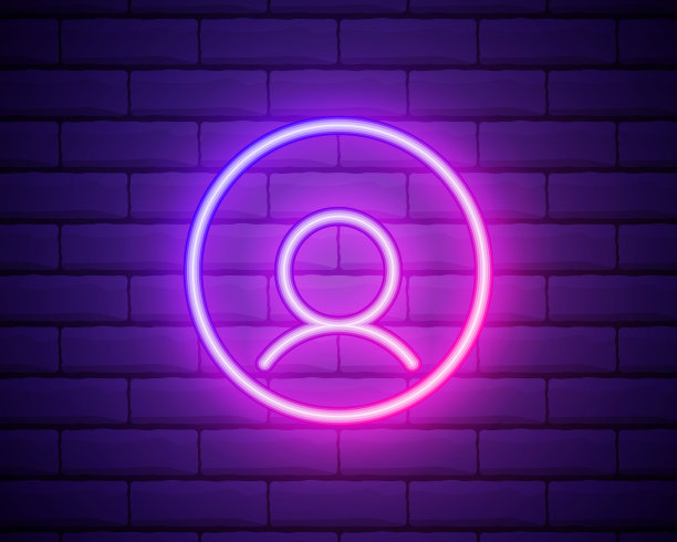 头像，侧面粉红色霓虹灯图标。砖墙背景。彩色霓虹矢量图标图片下载