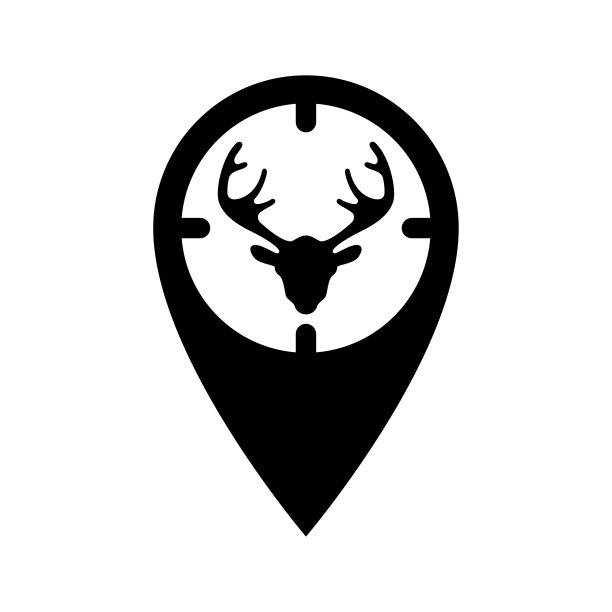 对于猎人来说，是指在地图上以光学瞄准具的形式标记出一只鹿的轮廓。GPS标记，野生动物狩猎的地方。矢量图标图片下载