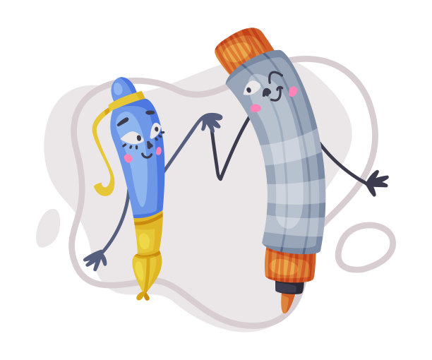 微笑圆珠笔和马克笔作为办公用品人性化的字符牵手矢量插图图片下载