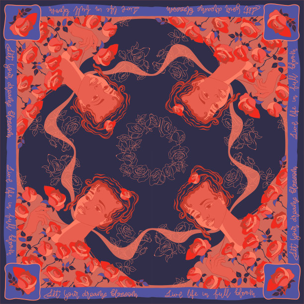 美丽的女孩带着鲜花。围巾图案设计。大手帕。向量。图片下载