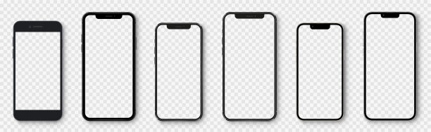 透明屏幕的现实模型智能手机。智能手机模型集合。设备前视图。3D手机与透明背景上的阴影。图片下载