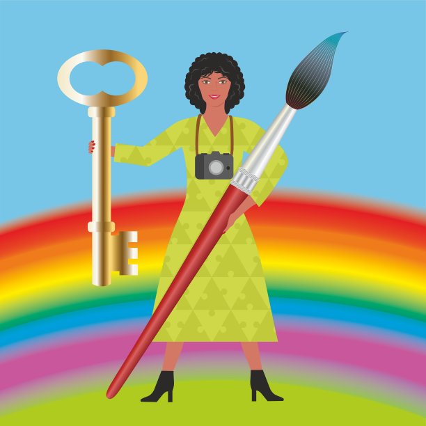 拿着画笔，相机和金钥匙的女人。矢量插图。图片下载