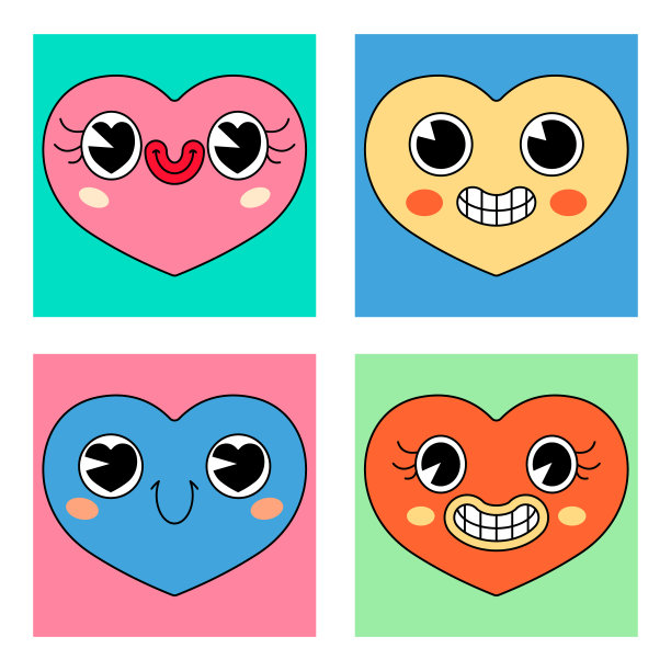一套可爱的心形贴纸。心的形象在复古卡通风格。情人节的有趣设计。矢量插图。图片下载