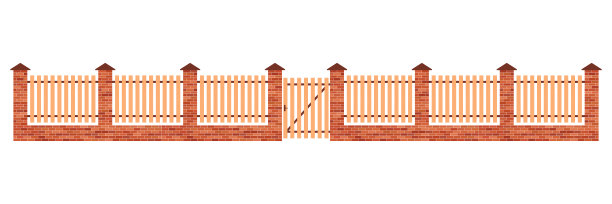 Brick-wooden栅栏。brick-wooden门。花园、农场和住宅的栅栏。带门的围栏，用于围合和保护。用作院子边界的木墙或石墙。垂直分区。向量图片下载