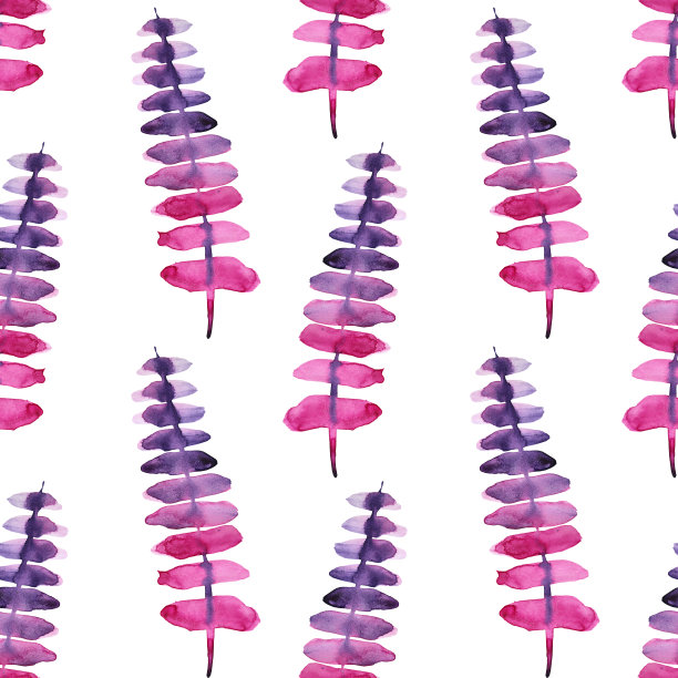 无缝图案水彩粉红色和紫色抽象树枝与叶子孤立在白色背景上。创意手绘春天或夏天的花朵插图。婚礼进行曲包装艺术图片下载