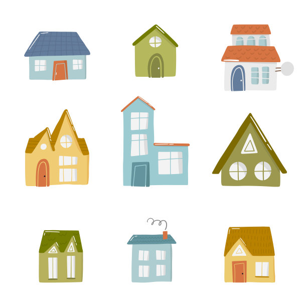 一套可爱的涂鸦房子手绘风格，设计儿童幼儿园，房间，衣服，地图和纺织品卡通矢量插图，孤立在白色上。图片下载