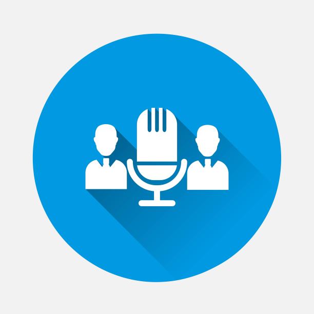 音频会议矢量图标蓝色背景。带有长阴影的平面图像。图层分组便于编辑插图。为你的设计。图片下载