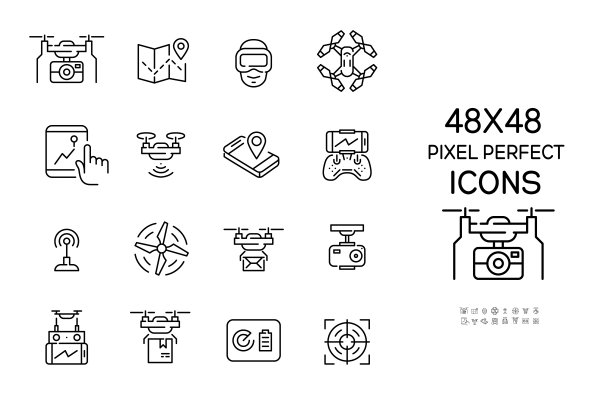 无人机相关图标集。摄像机安装，控制器，前视图和顶视图。像素完美，可编辑的笔画48x48图标图片下载