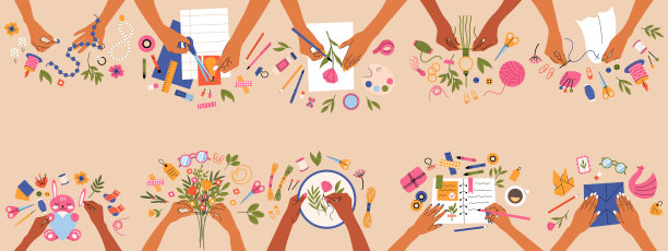 创意工坊工艺品，手工爱好和艺术。手工作坊，剪贴簿，折纸和缝纫矢量插图集。女性的手创造工艺品图片下载