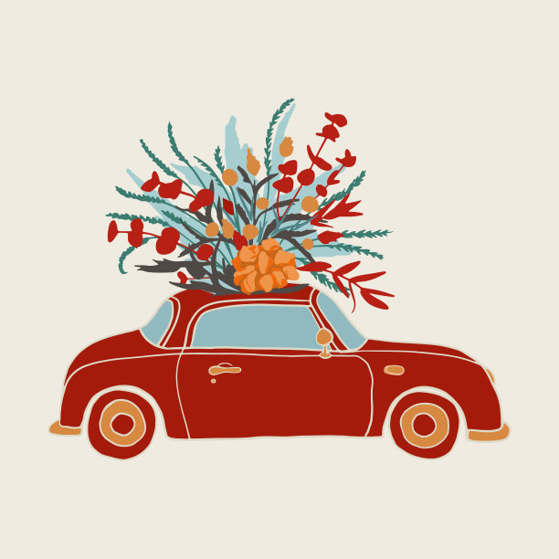 可爱的红色复古车和花束。完美的情人节贺卡，生日贺卡，升华印刷，标志或其他设计图片下载