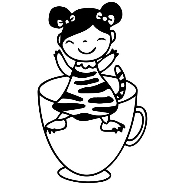 可爱的小女孩穿着老虎装坐在茶杯上手绘涂鸦艺术插画。图片下载