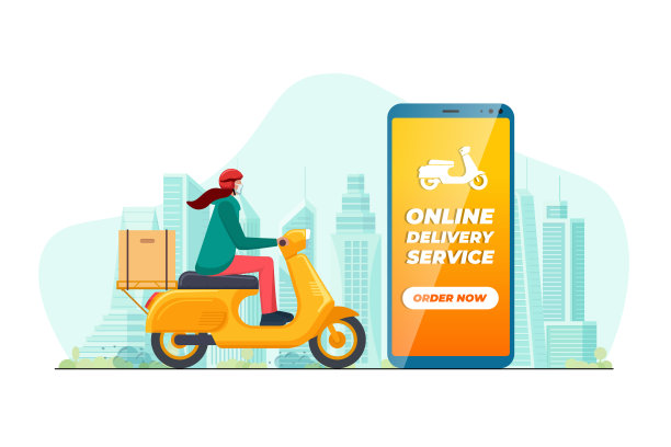 安全的非接触式配送服务应用概念。女快递员戴着摩托车头盔，骑着摩托车助动车送包裹。在线订购移动应用程序的城市景观和定位针。每股收益图片下载