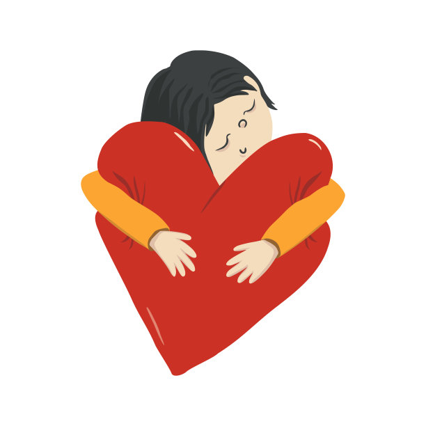 可爱的亚洲女孩或男孩抱着一颗柔软的心。矢量孩子气的插图为快乐的情人节。可用于贺卡，海报，网页设计，标志，升华印刷t恤或马克杯图片下载