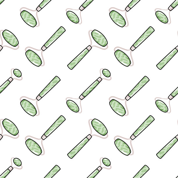 刮痧和面部按摩滚轮矢量插图。天然绿色石英石的无缝图案。卡通风格的皮肤护理，面部瑜伽，家庭美容程序和日常背景。图片下载