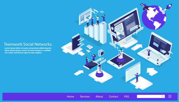 商人和女士团队合作社交网络。头脑风暴，联系与笔记本电脑，电脑，平面3d，等距，横幅，网站横幅，信息图形模板。图片下载