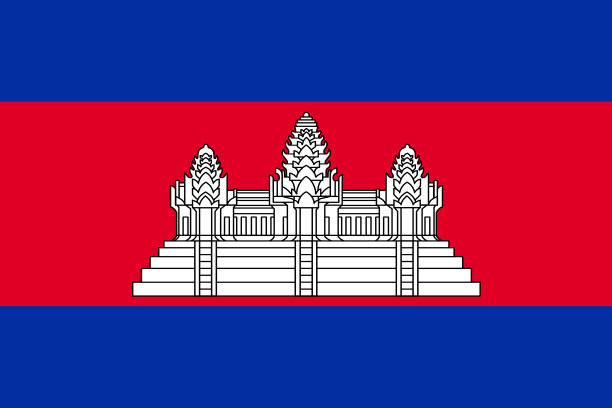 柬埔寨国旗背景插画：蓝色、红色、白色和吴哥窟图片下载