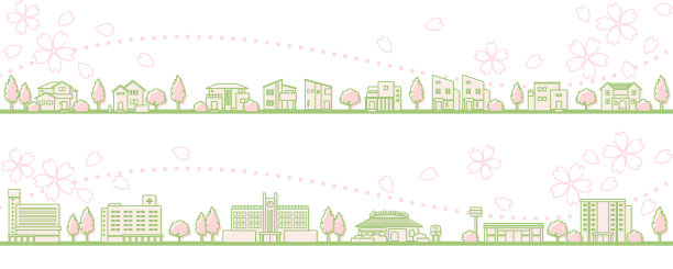 樱花盛开的春天城镇景观插图(线描)图片下载