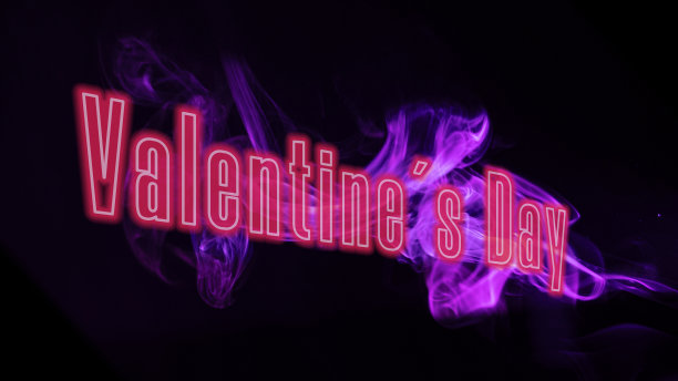 水平横幅与文本情人节与红色霓虹灯字母包围粉红色的烟和黑色的背景。图片下载