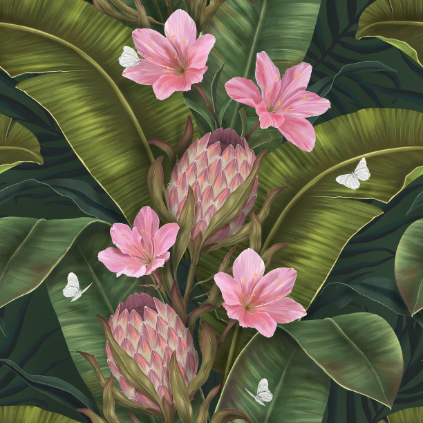 奇异的热带pattren。热带花和叶背景。百合花，蝴蝶，棕榈叶。手绘3d插图。深色的热带树叶墙纸。图片下载