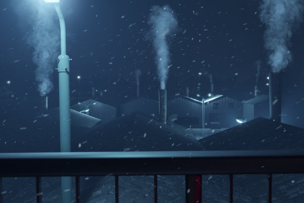 有冒烟烟囱的厂房屋顶夜间3d渲染图图片下载
