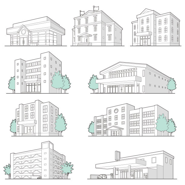 各种建筑物的矢量插图。画线。图片下载