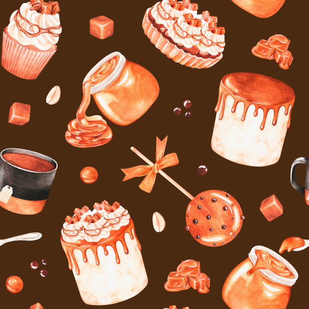 焦糖甜点。糖果。无缝模式。水彩插图。孤立在棕色背景上图片下载