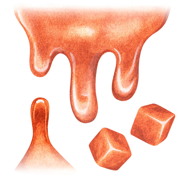 滴和方块的焦糖。水彩插图。孤立在一个白色的背景。为设计。图片下载