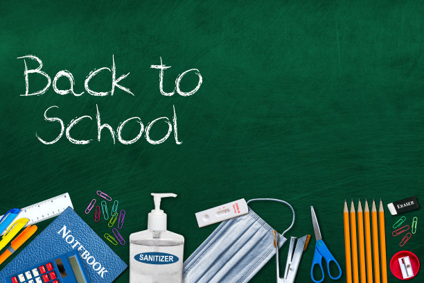 在Covid-19大流行期间，使用复制空间回到学校的必需品素材图片