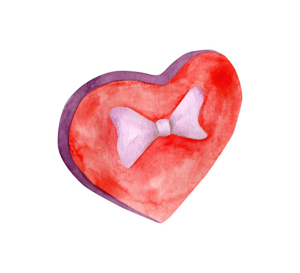 水彩插图。手绘红心形状与白色丝带蝴蝶结装饰孤立在白色背景。浪漫的情人节形象，婚礼，贺卡，设计。图片下载