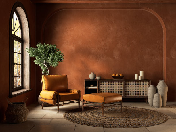 橙色波西米亚风格的室内扶手椅，梳妆台和装饰。3d渲染插图模型。图片下载