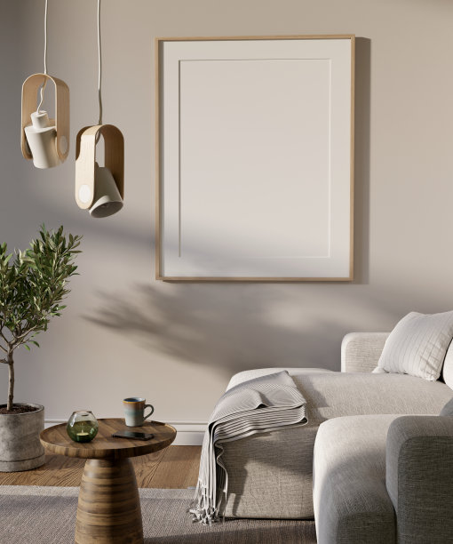 客厅内部与墙上的大模拟图片。沙发，圆形咖啡桌和橄榄树，温暖，米色。3 d渲染。图片下载