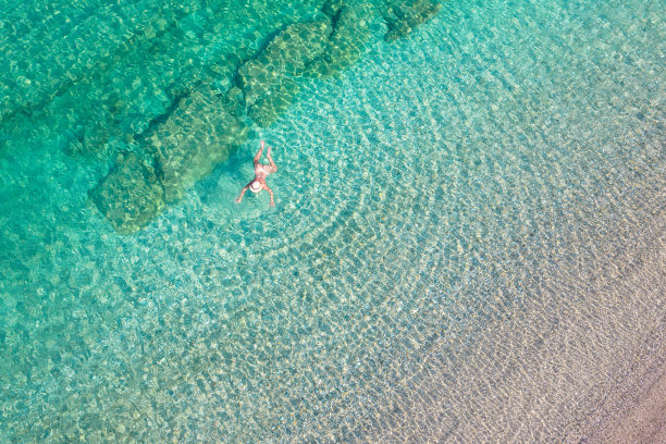 前,鸟瞰图。年轻漂亮的女子，戴着帽子，穿着白色比基尼在海水的沙滩上游泳。无人驾驶飞机,直升飞机的照片。暑假。从以上观点。图片下载