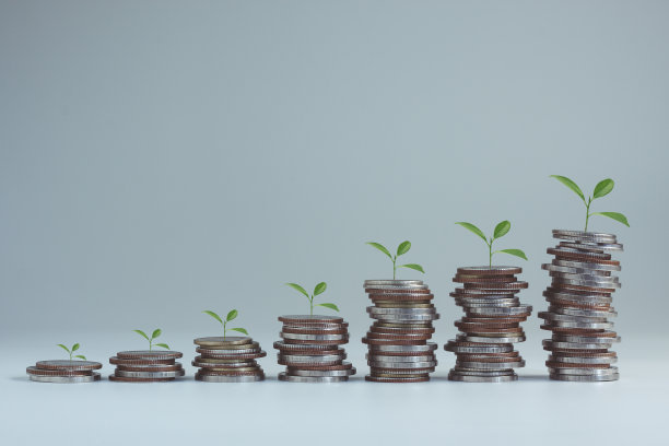 金融和商业背景的叠钱。采购产品储蓄和帐户，金融银行业务概念，投资，基金，债券，红利和利息。硬币上生长的植物。图片下载