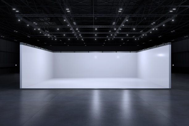 展示架，企业标识，展示设计。空的展台设计。展厅零售展台元素。展位设计贸易展。空白展位系统的图形资源。三维背景在线活动，会议，现场。3 d渲染。图片下载