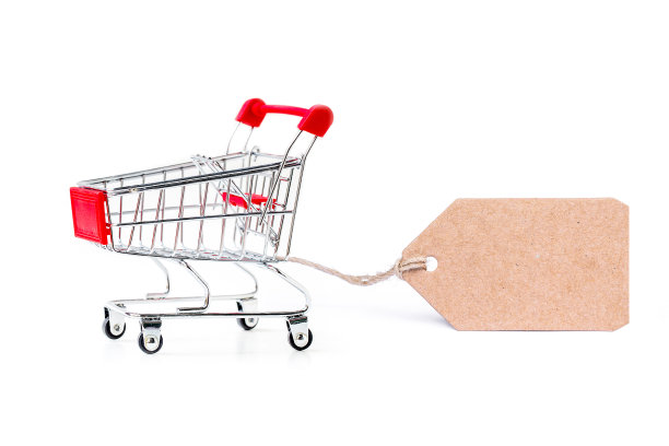 购物车与空白纸标签标签孤立在白色。图片下载
