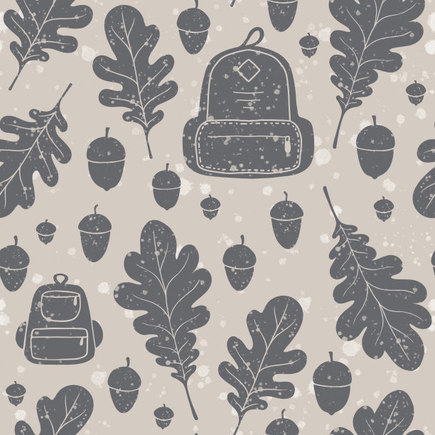 背包，橡树叶，橡子在block print风格:无缝模式图片下载