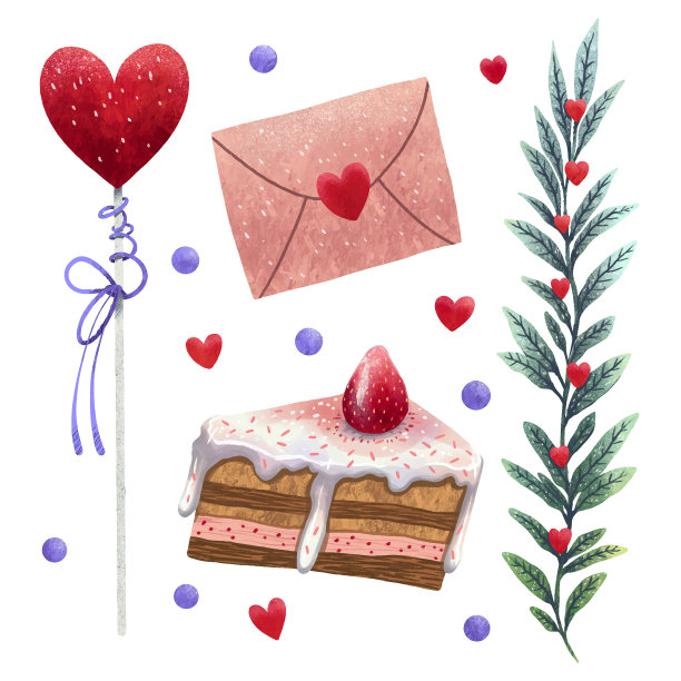 2月14日心形棒棒糖，信件，草莓蛋糕，树枝的一套插图图片下载