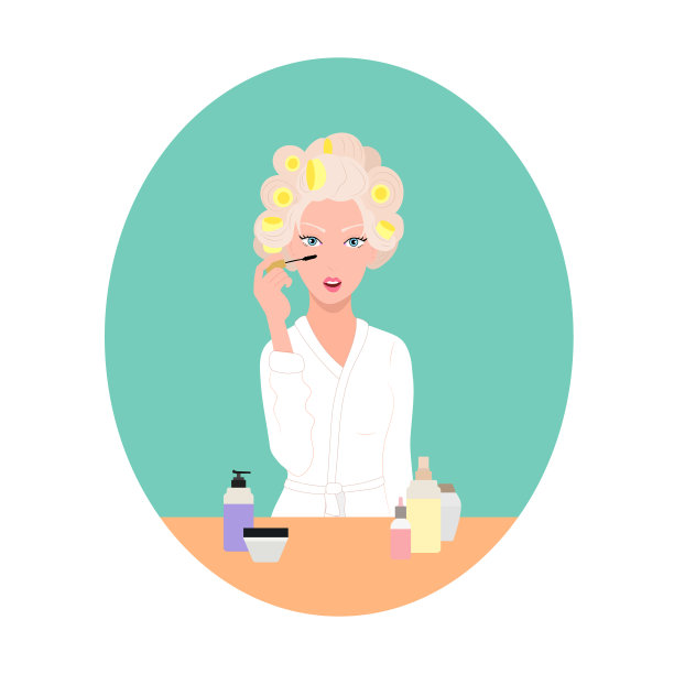 矢量卡通女士与化妆和洗脸护理产品在桌子上，化妆，睫毛与睫毛膏女孩。图片下载