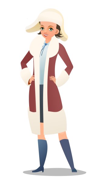 穿着冬装的小女孩。羊皮外套和保暖帽。青少年在冬天。开朗的人。站立姿势。漫画风格的平面设计。单个的字符。插图孤立的背景。向量图片下载