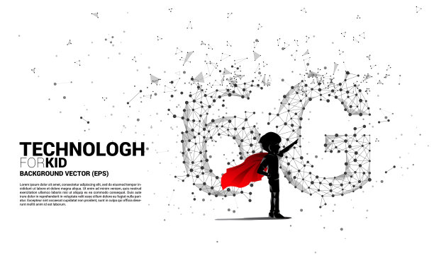 穿着超级英雄套装的孩子的剪影与多边形点连接线形6G移动网络。概念为儿童和移动电话数据技术。图片下载