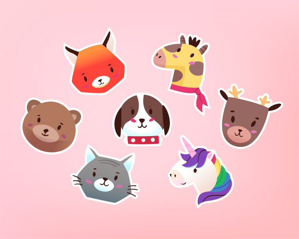 收集可爱可爱的小动物脸。贴纸用于装饰托儿所，儿童地点和创建节日标签，包装纸和装饰。图片下载