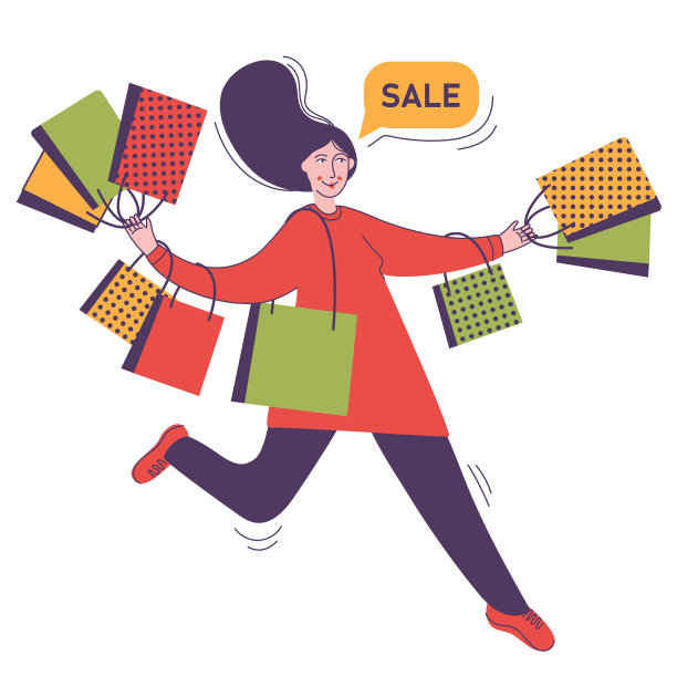 女人在大减价买东西。快乐的女人带着纸袋奔跑。商店，商场折扣季节矢量插图。图片下载